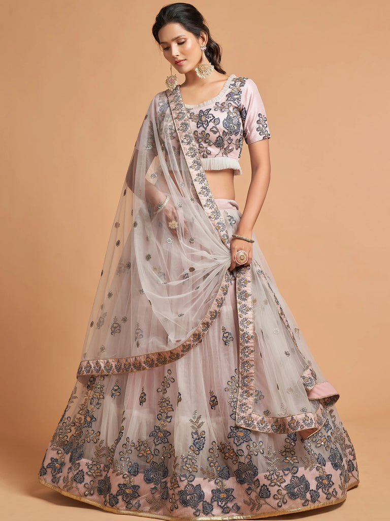 Charming Grey Embroidered Net Reception Wear Plus Size Lehenga Choli