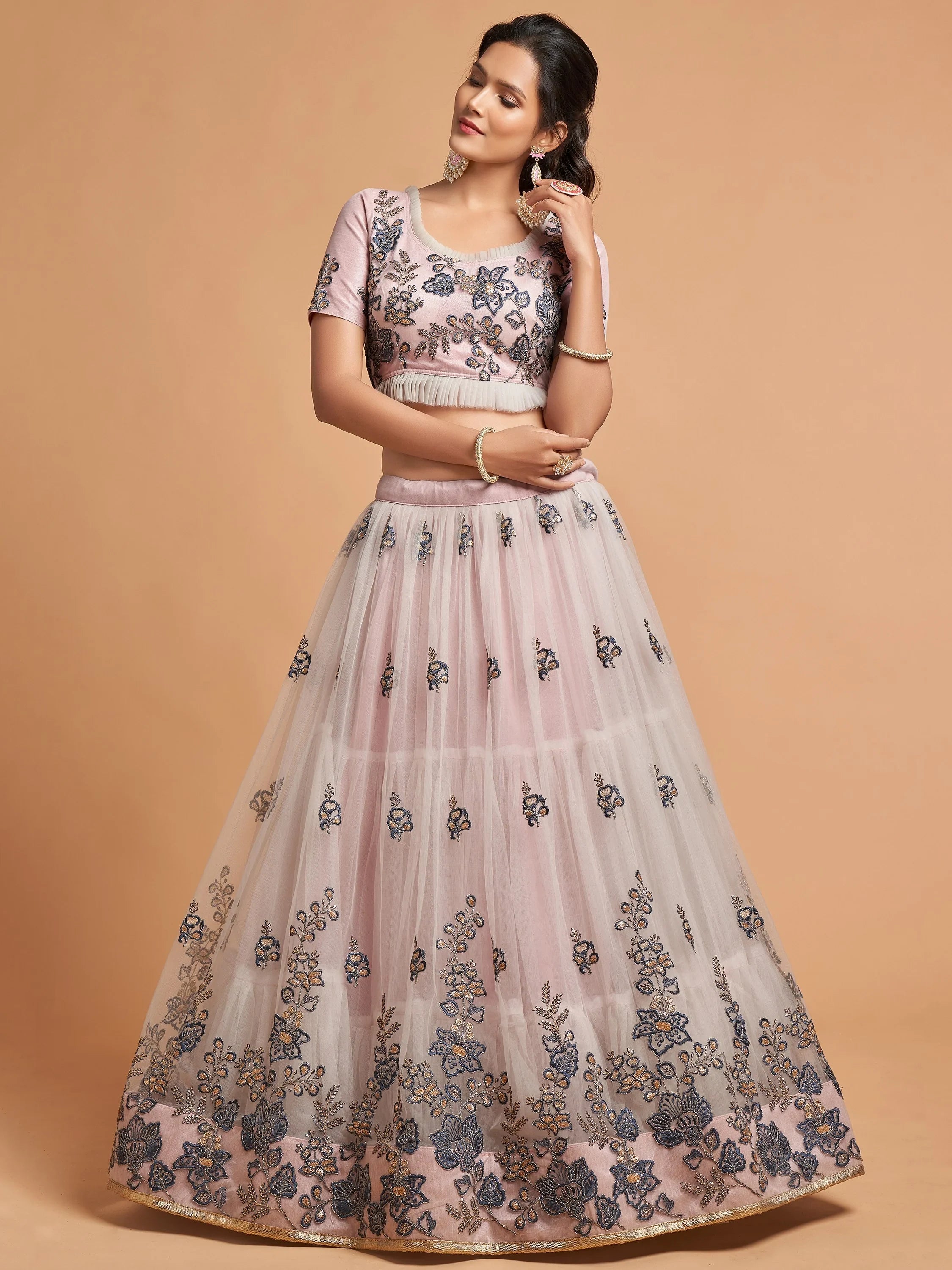 Charming Grey Embroidered Net Reception Wear Plus Size Lehenga Choli