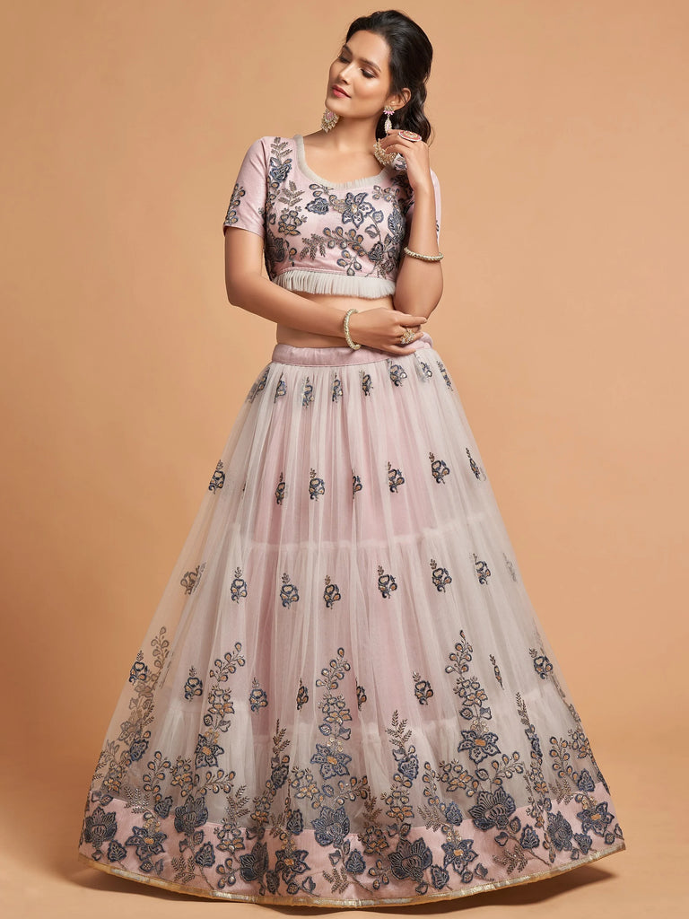 Charming Grey Embroidered Net Reception Wear Plus Size Lehenga Choli