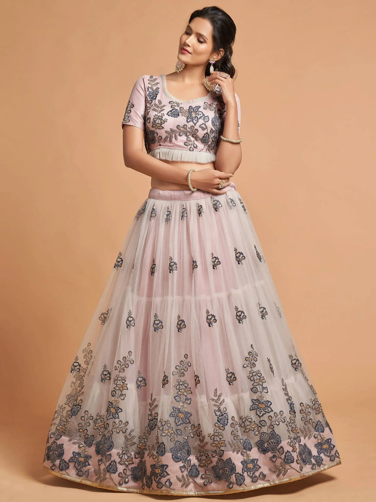 Brilliant Grey Zari Embroidered Net Party Wear Lehenga Choli