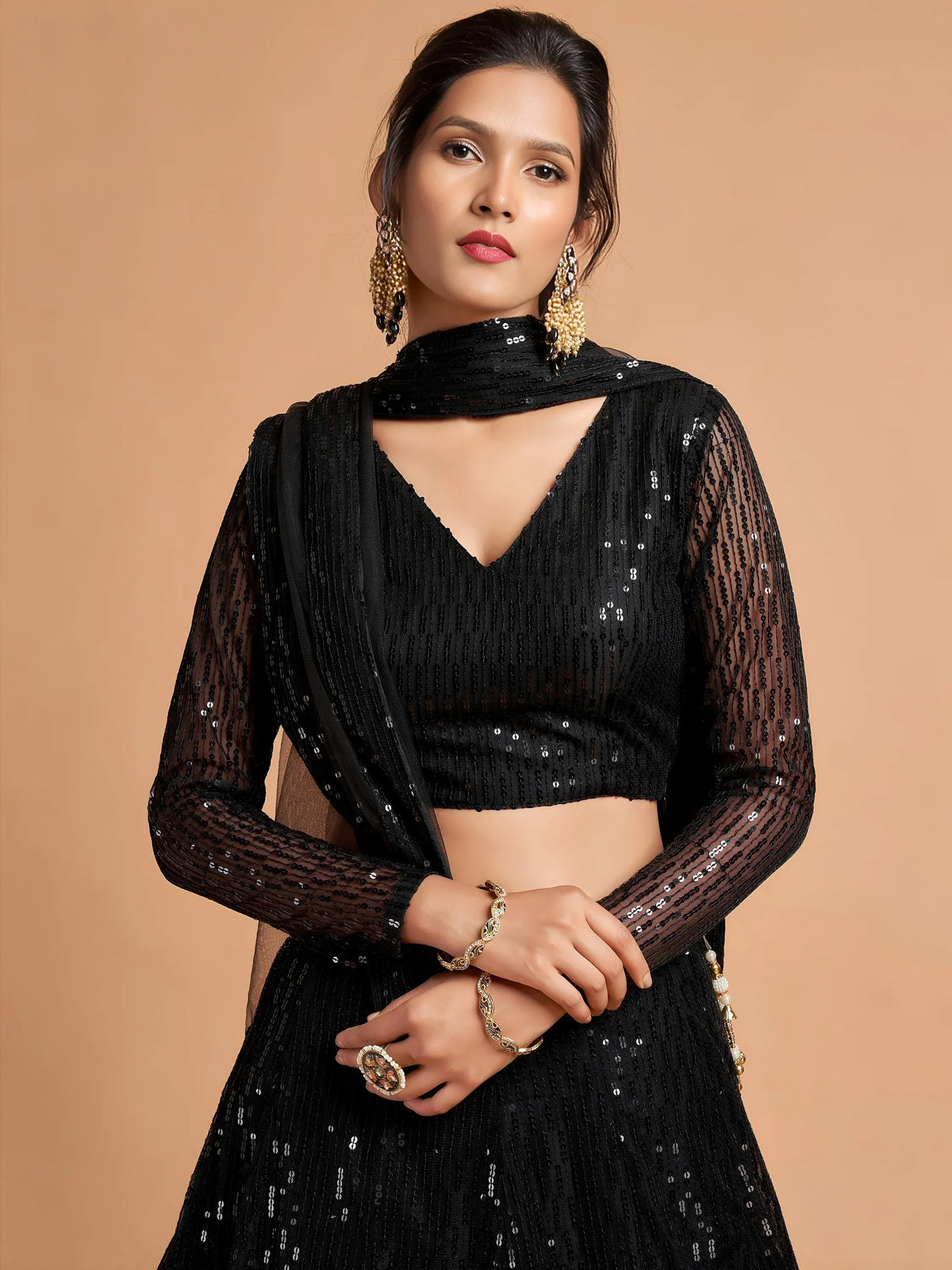 Dazzling Black Sequins Net Party Wear Plus Size Lehenga Choli