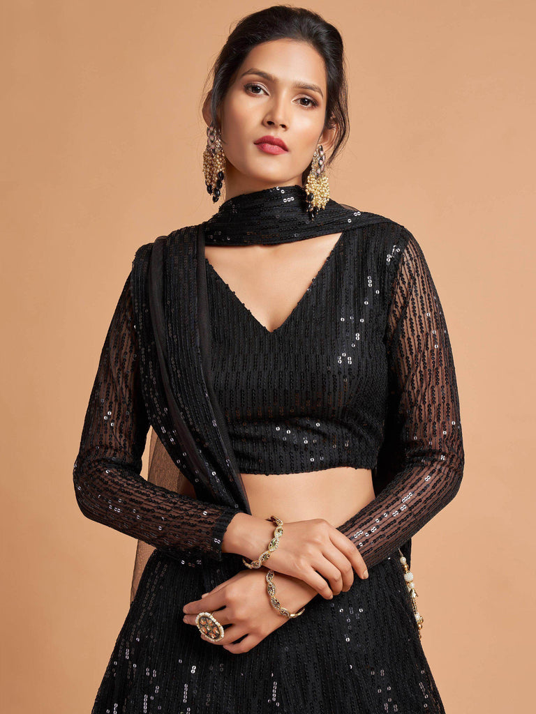 Stunning Black Thread Embroidered Net Party Wear Lehenga Choli