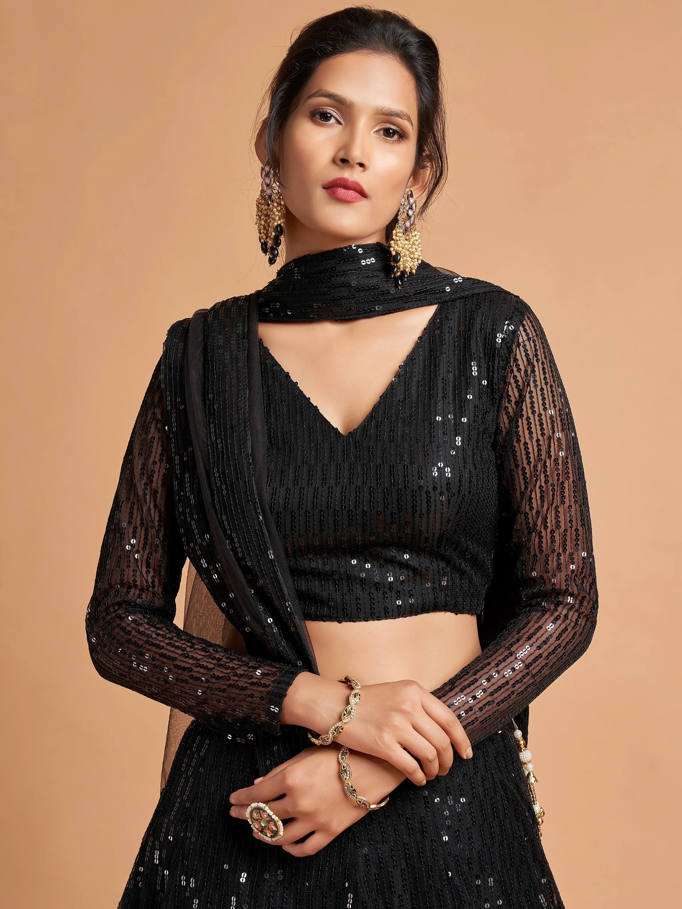 Dazzling Black Sequins Net Party Wear Plus Size Lehenga Choli