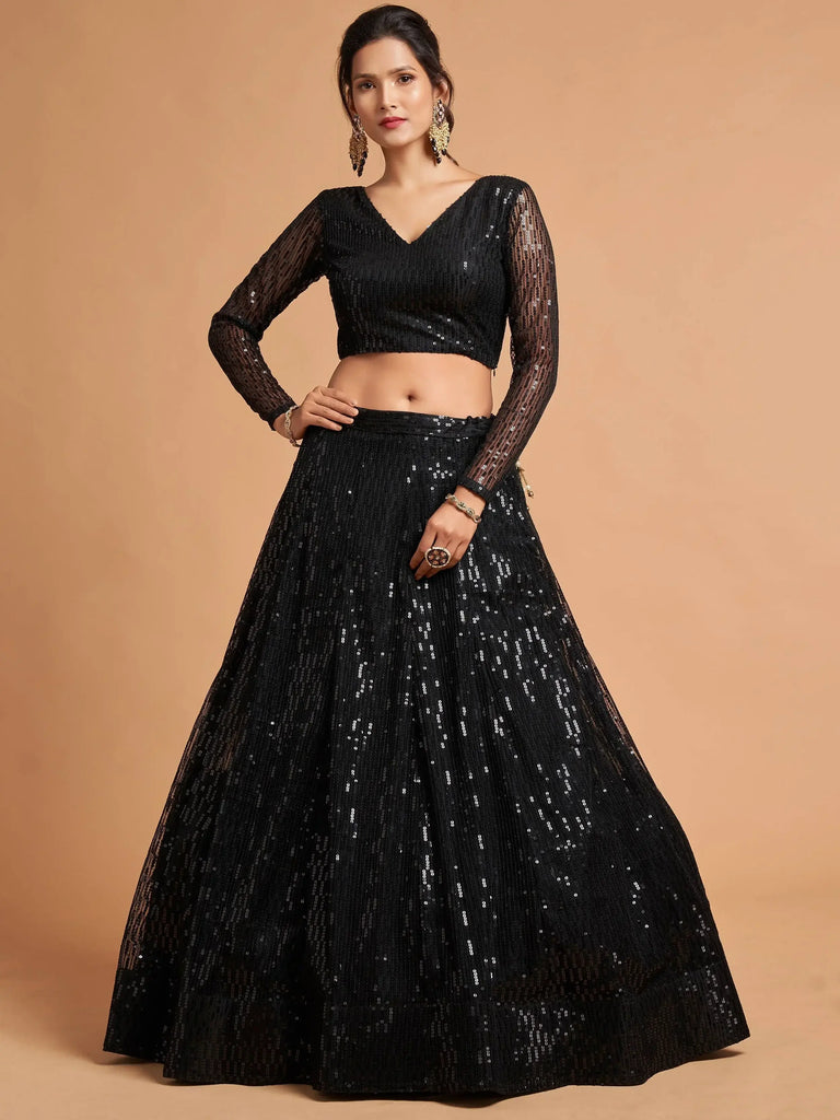 Stunning Black Thread Embroidered Net Party Wear Lehenga Choli