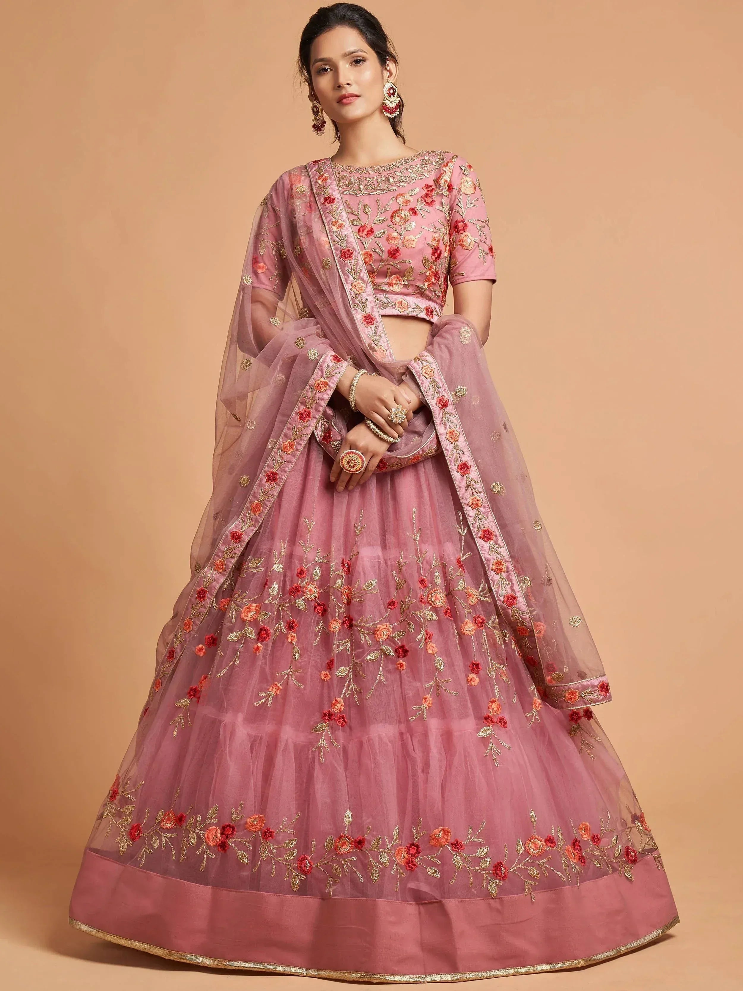 Pink floral embroidered lehenga choli with sheer dupatta, Indian ethnic wear for weddings and festivals