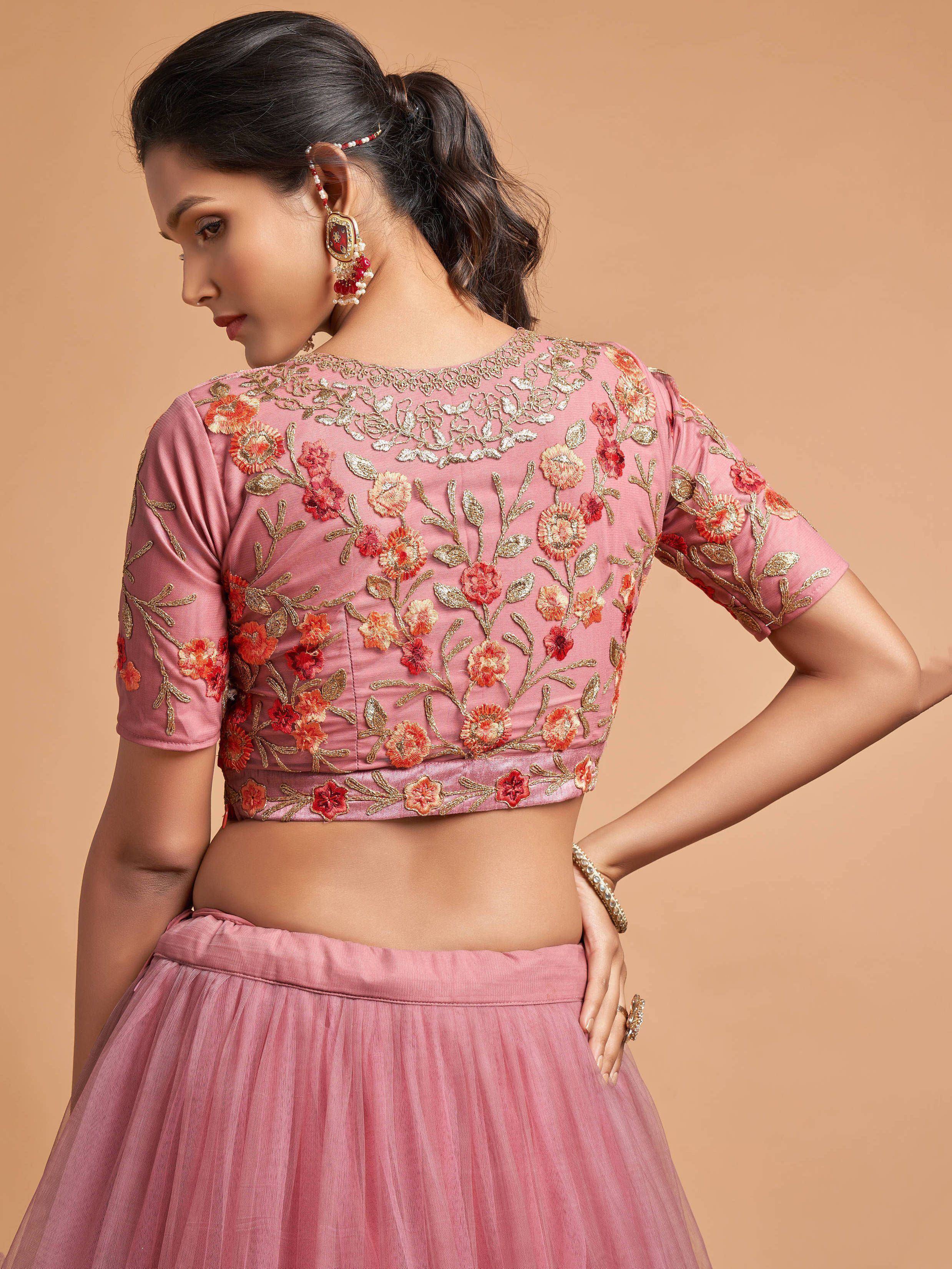 Pink floral embroidered lehenga choli with gold detailing, perfect for Indian ethnic wear occasions