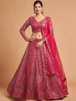 Hot Pink Thread Embroidered Net Party Wear Lehenga Choli