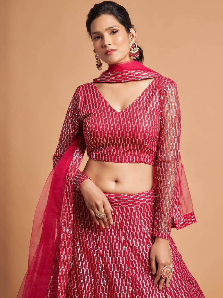 Hot Pink Thread Embroidered Net Party Wear Lehenga Choli