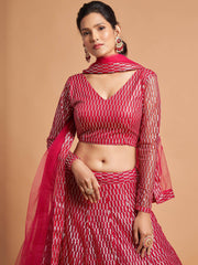 Hot Pink Thread Embroidered Net Party Wear Lehenga Choli