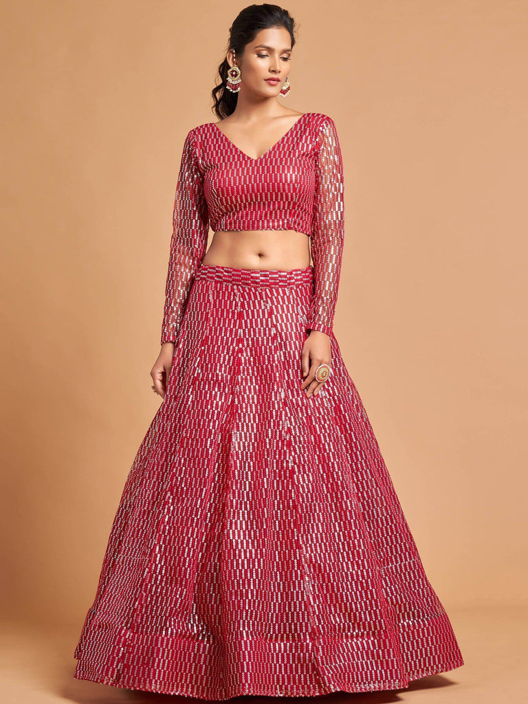 Hot Pink Thread Embroidered Net Party Wear Lehenga Choli