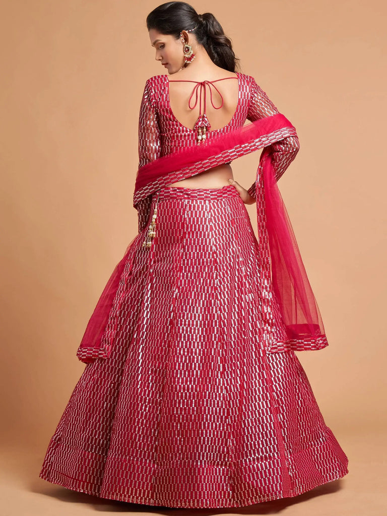 Hot Pink Thread Embroidered Net Party Wear Lehenga Choli