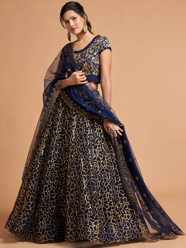 Navy Blue Thread Embroidered Net Wedding Wear Lehenga Choli