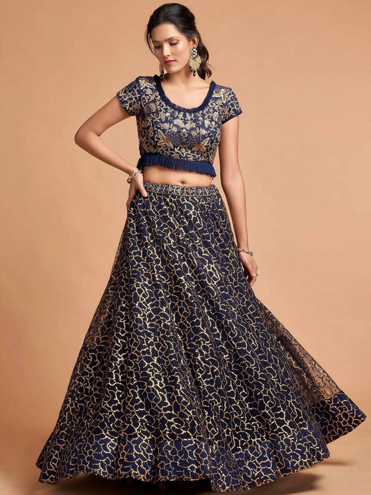 Marvelous Blue Sequins Net Party Wear Plus Size Lehenga Choli