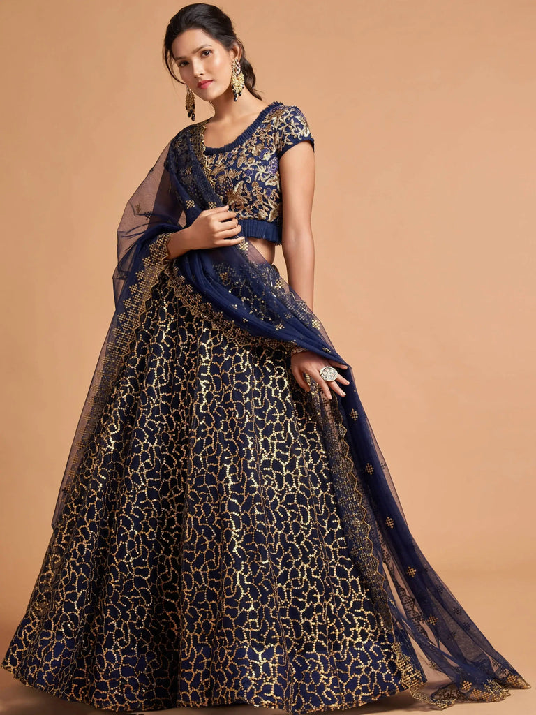 Navy Blue Thread Embroidered Net Wedding Wear Lehenga Choli