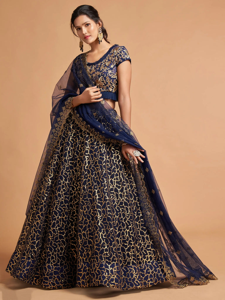 Navy Blue Thread Embroidered Net Wedding Wear Lehenga Choli