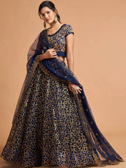 Navy Blue Thread Embroidered Net Wedding Wear Lehenga Choli