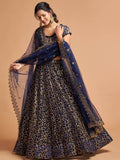 Navy Blue Thread Embroidered Net Wedding Wear Lehenga Choli