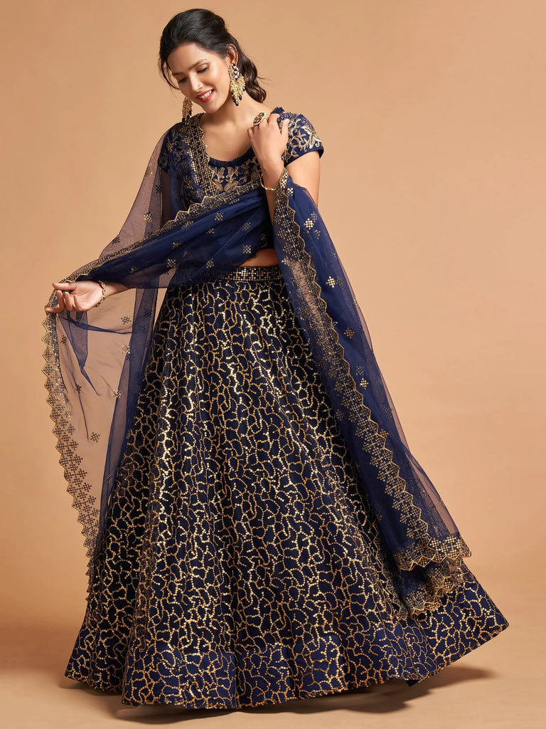 Navy Blue Thread Embroidered Net Wedding Wear Lehenga Choli