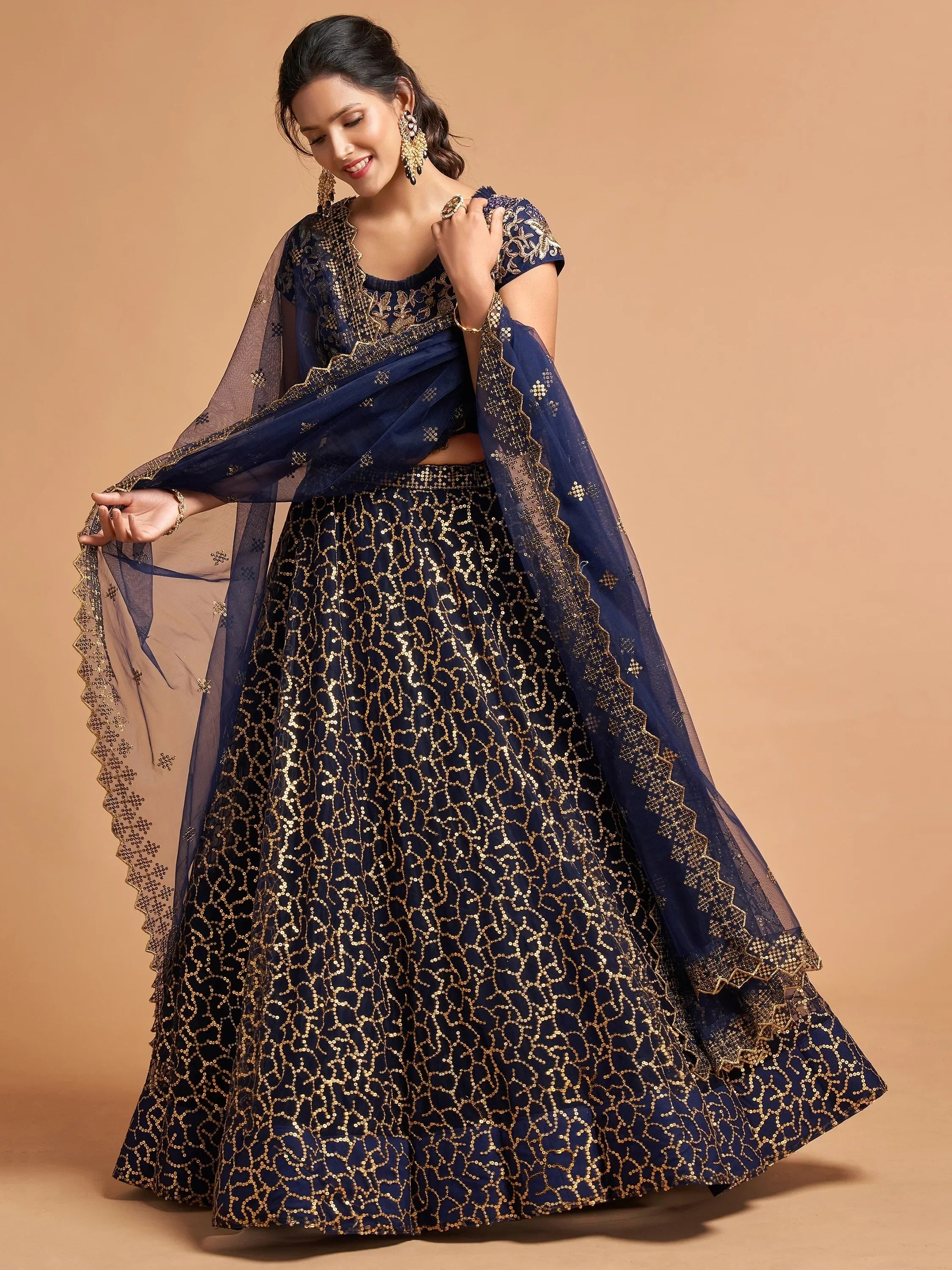 Navy Blue Thread Embroidered Net Wedding Wear Lehenga Choli