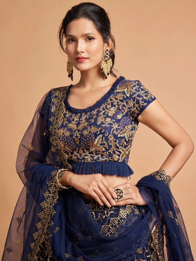 Navy Blue Thread Embroidered Net Wedding Wear Lehenga Choli
