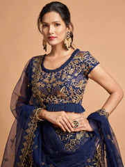 Navy Blue Thread Embroidered Net Wedding Wear Lehenga Choli