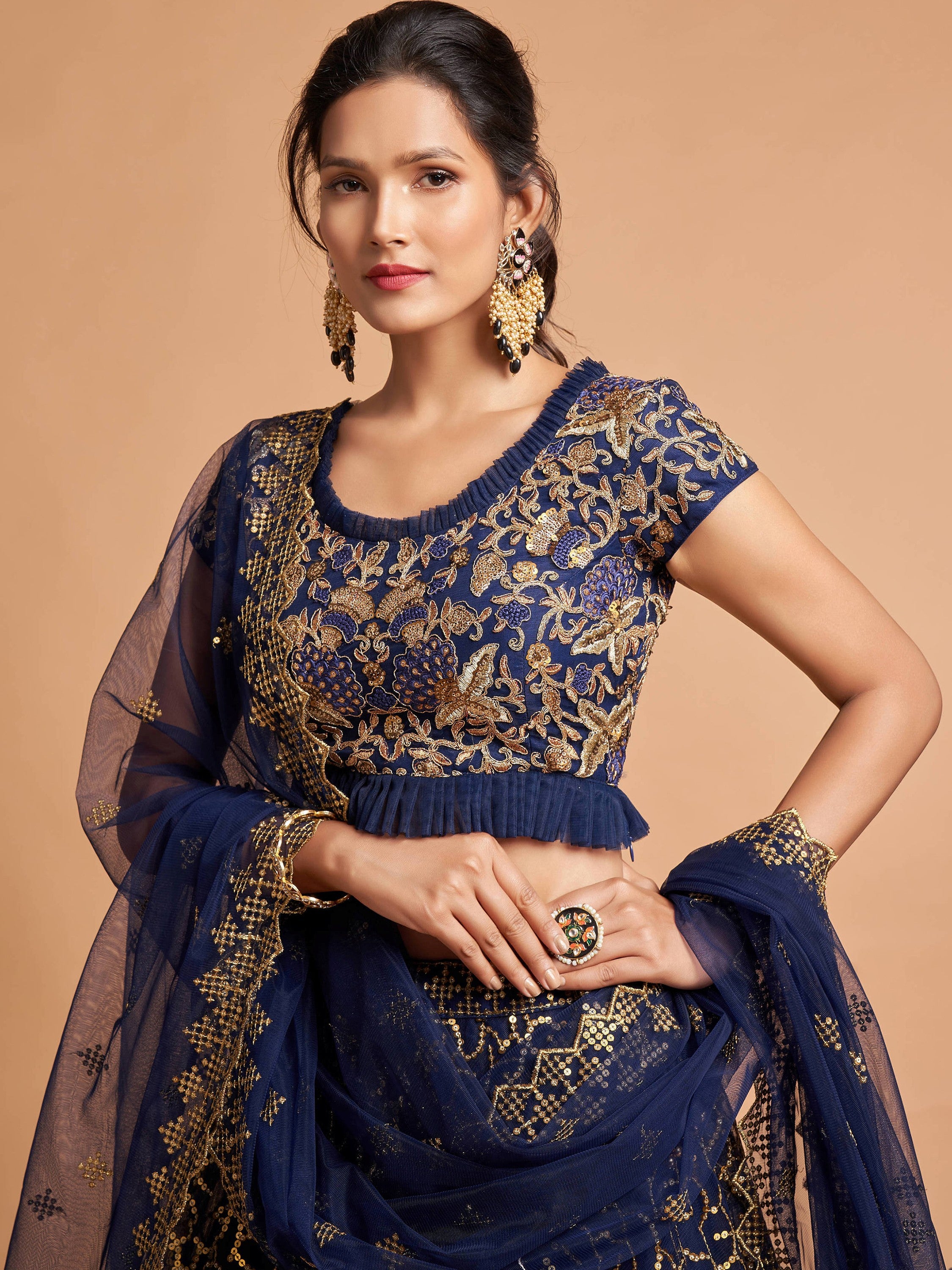 Marvelous Blue Sequins Net Party Wear Plus Size Lehenga Choli