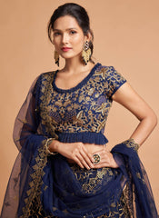 Navy Blue Thread Embroidered Net Wedding Wear Lehenga Choli