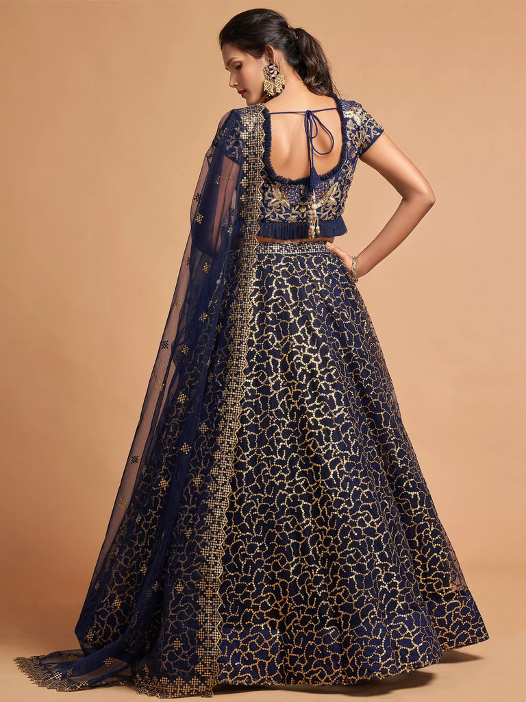 Navy Blue Thread Embroidered Net Wedding Wear Lehenga Choli