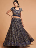 Navy Blue Thread Embroidered Net Wedding Wear Lehenga Choli