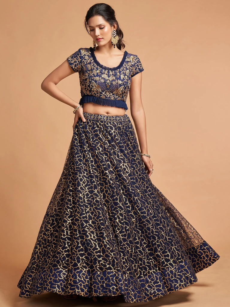Navy Blue Thread Embroidered Net Wedding Wear Lehenga Choli