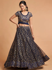 Navy Blue Thread Embroidered Net Wedding Wear Lehenga Choli
