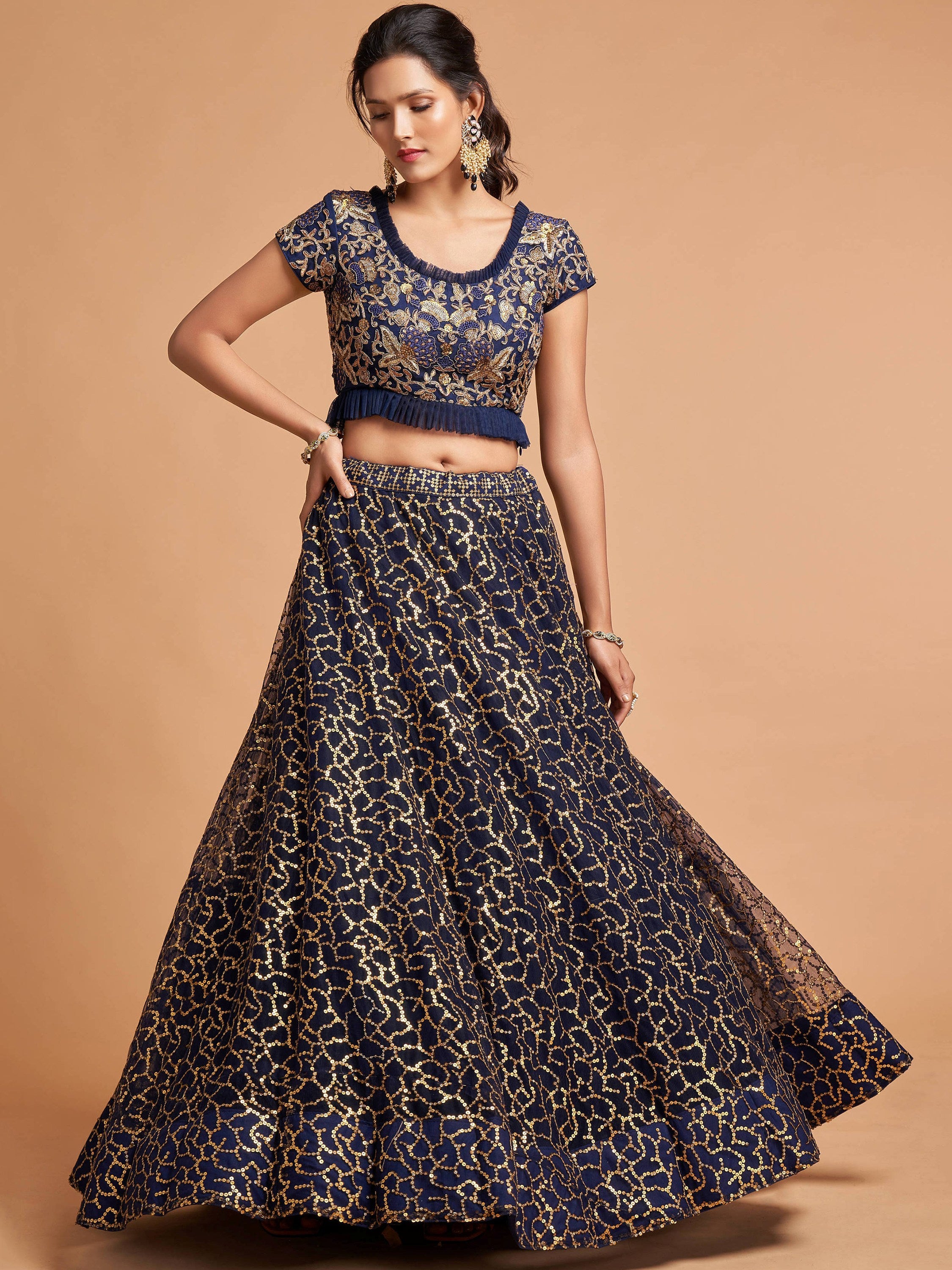 Marvelous Blue Sequins Net Party Wear Plus Size Lehenga Choli