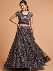 Navy Blue Thread Embroidered Net Wedding Wear Lehenga Choli