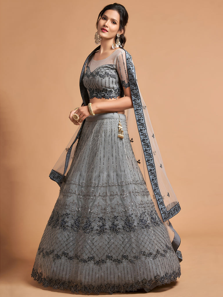 Unique Grey Dori Thread Embroidered Net Wedding Lehenga Choli
