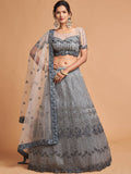 Unique Grey Dori Thread Embroidered Net Wedding Lehenga Choli