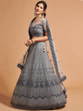 Unique Grey Dori Thread Embroidered Net Wedding Lehenga Choli