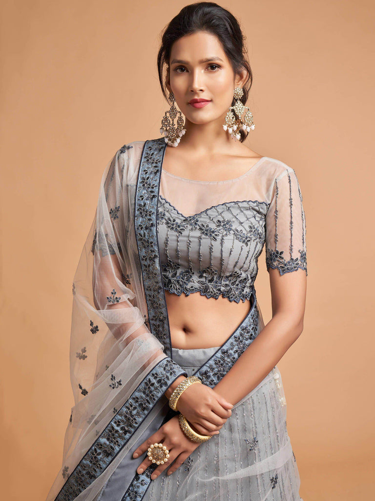 Unique Grey Dori Thread Embroidered Net Wedding Lehenga Choli