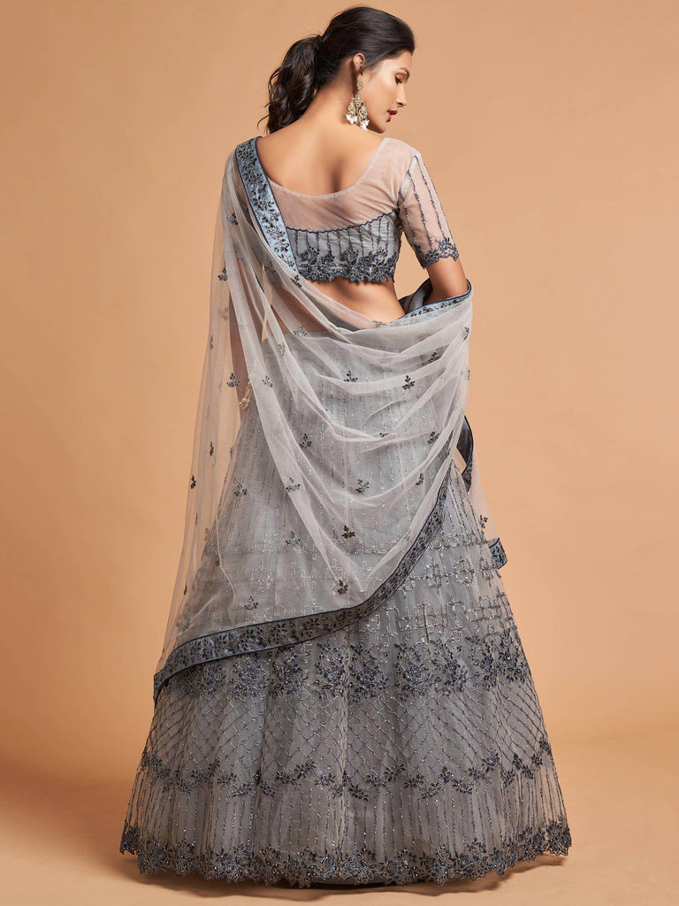 Unique Grey Dori Thread Embroidered Net Wedding Lehenga Choli