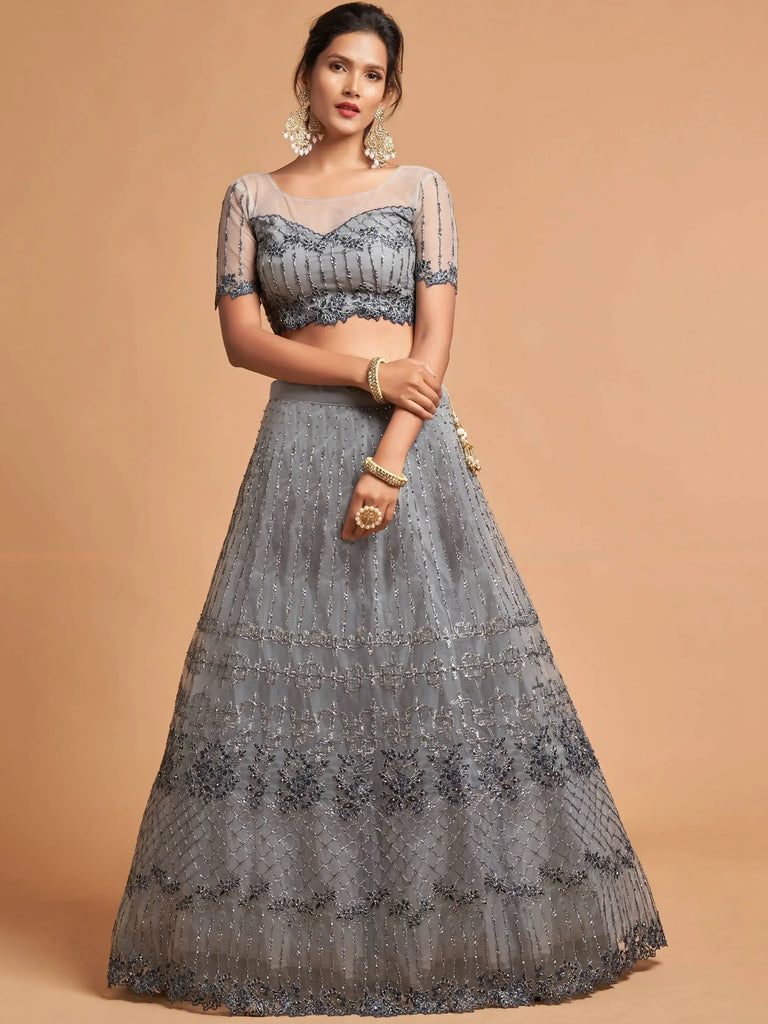 Unique Grey Dori Thread Embroidered Net Wedding Lehenga Choli