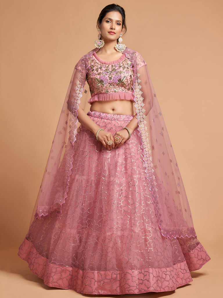 Elegant Pink Embroidered Net Engagement Wear Plus Size Lehenga Choli