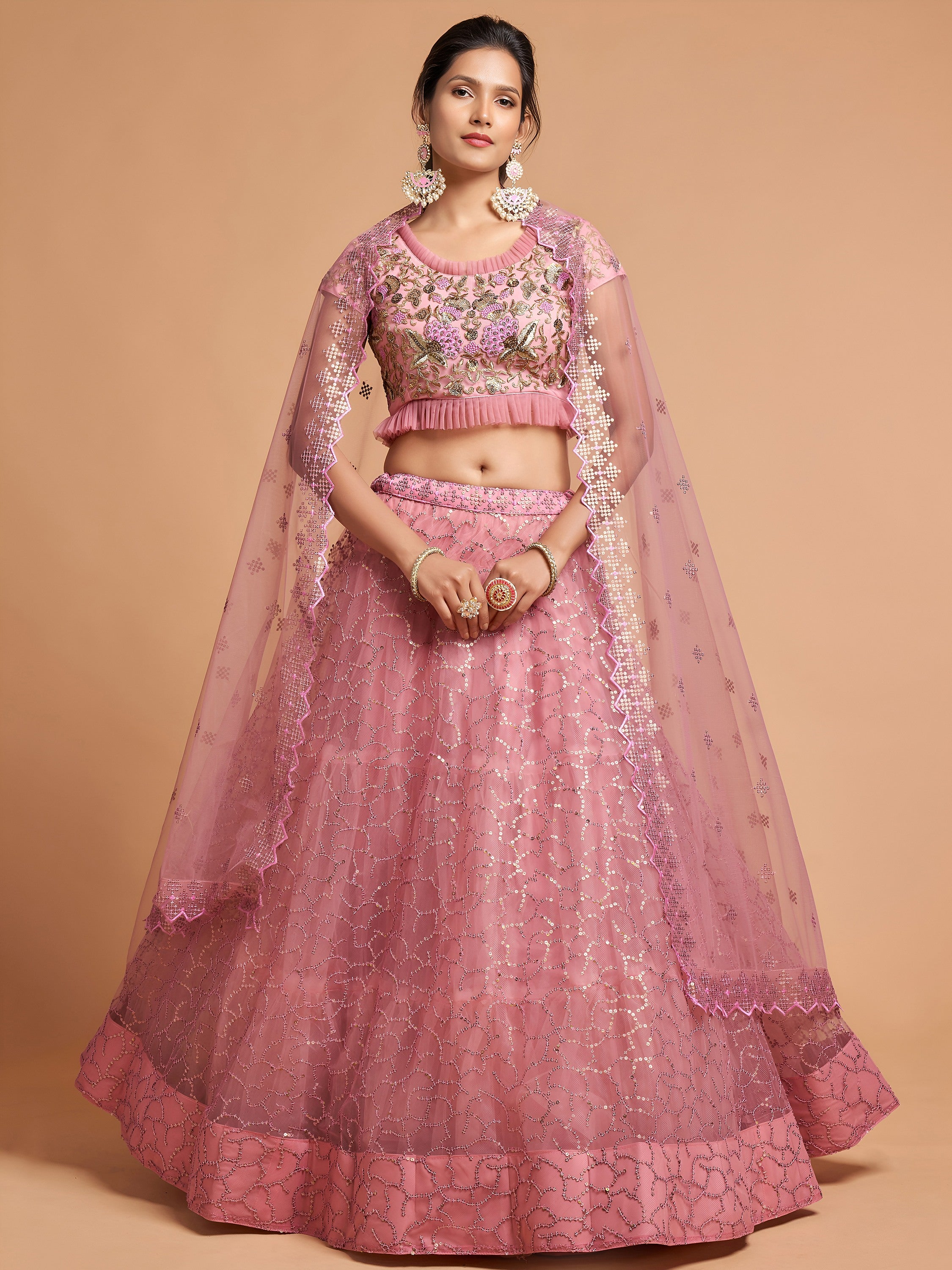 Elegant Pink Embroidered Net Engagement Wear Plus Size Lehenga Choli