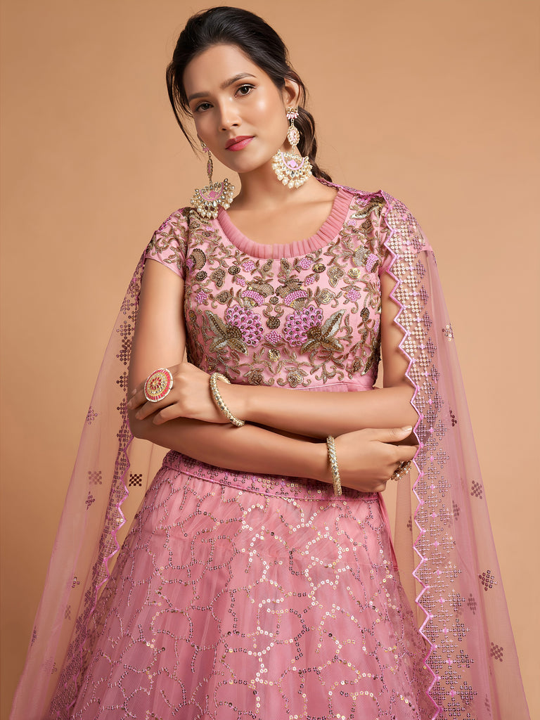Elegant Pink Embroidered Net Engagement Wear Plus Size Lehenga Choli