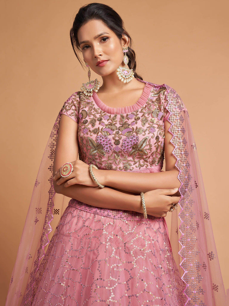 Blush Pink Dori Thread Embroidered Net Wedding Lehenga Choli
