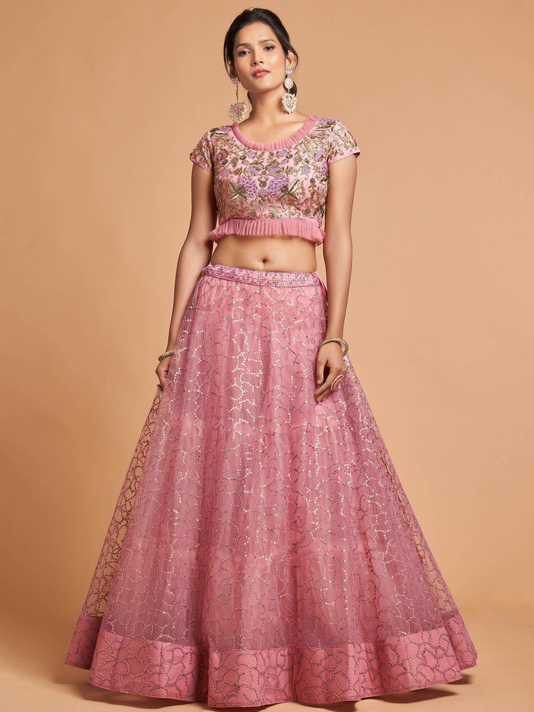 Blush Pink Dori Thread Embroidered Net Wedding Lehenga Choli