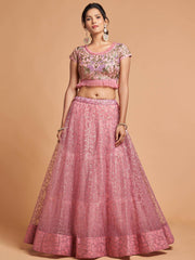 Blush Pink Dori Thread Embroidered Net Wedding Lehenga Choli