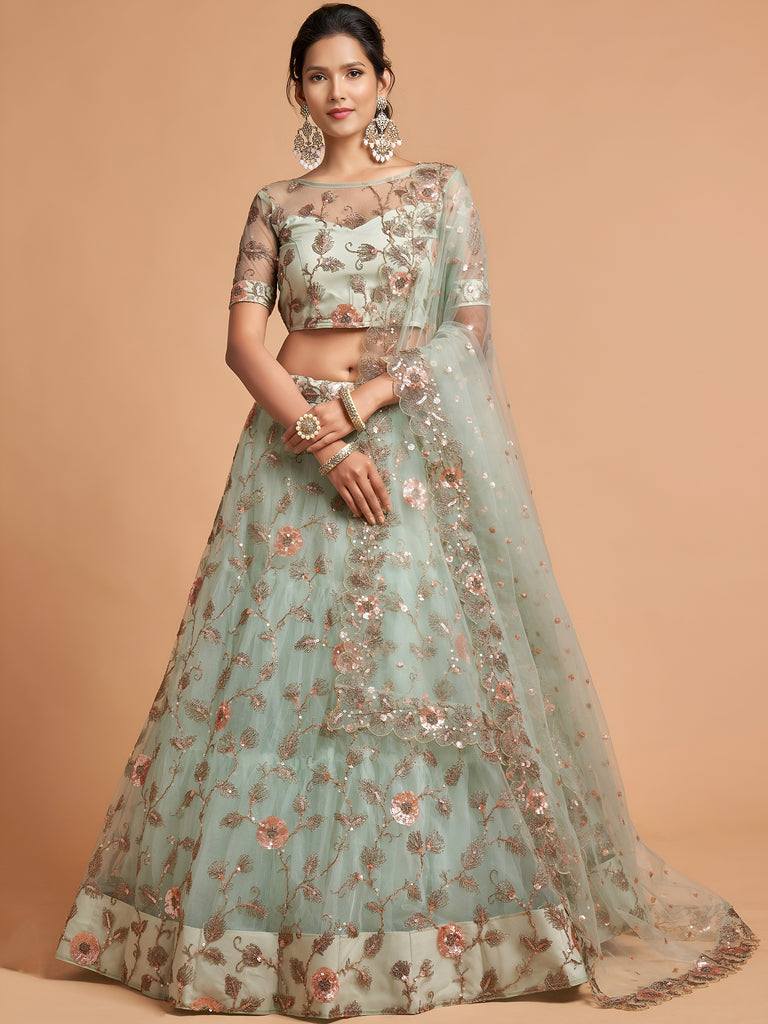 Stylish Green Embroidered Net Wedding Wear Plus Size Lehenga Choli