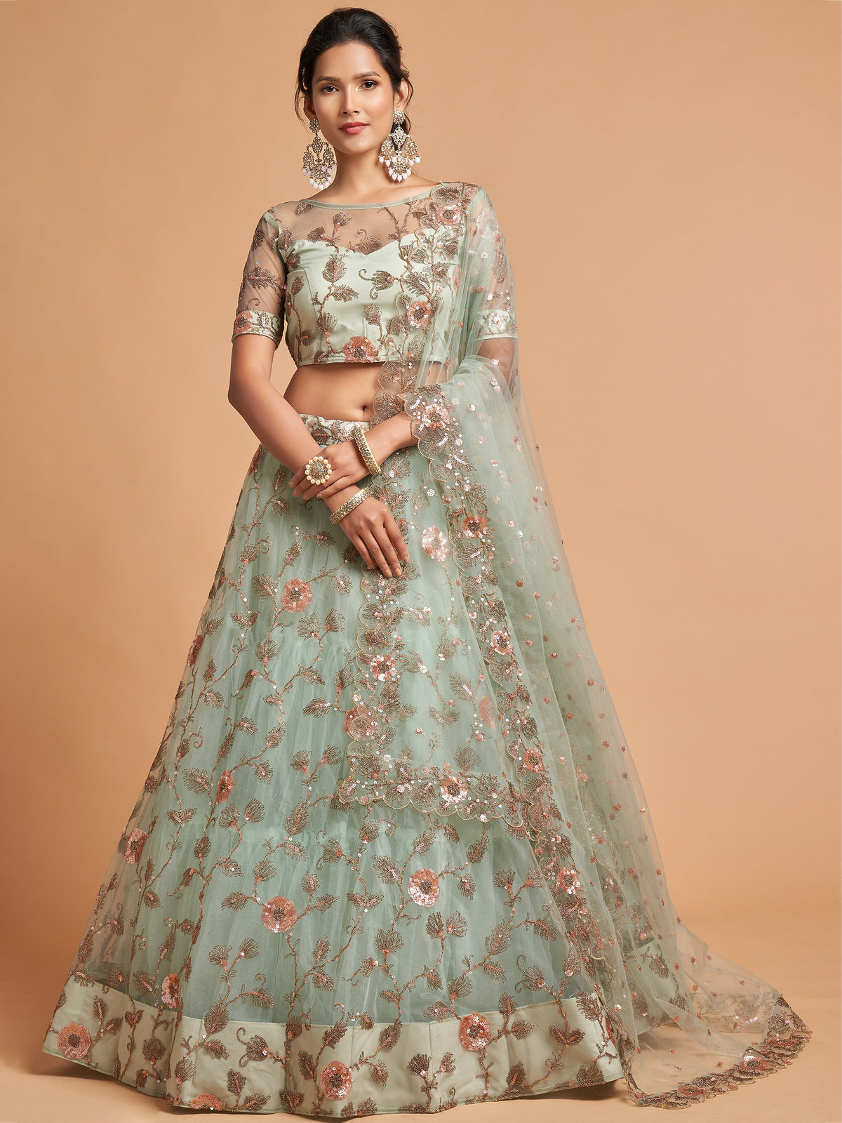 Stylish Green Embroidered Net Wedding Wear Plus Size Lehenga Choli