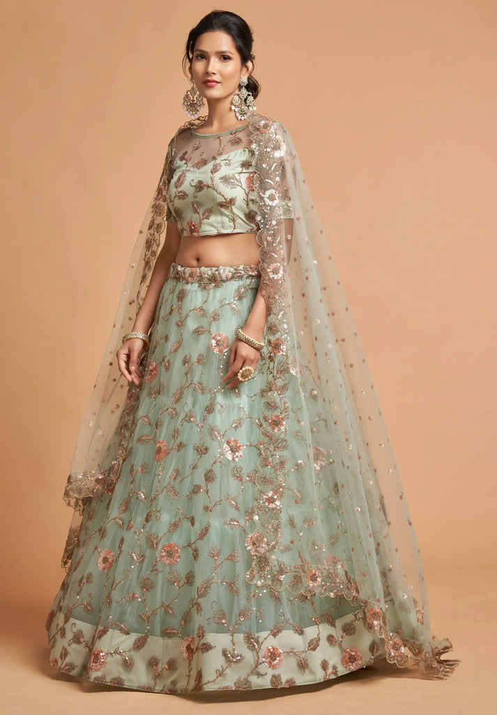 Pista Green Dori Thread Embroidered Net Wedding Lehenga Choli