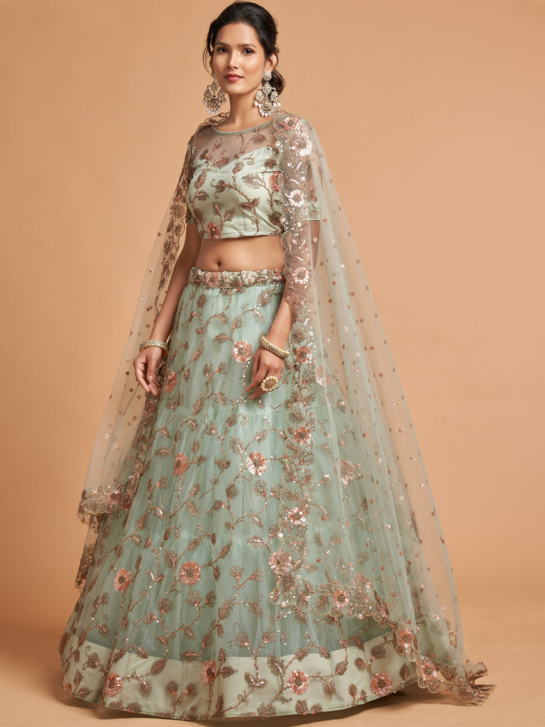 Stylish Green Embroidered Net Wedding Wear Plus Size Lehenga Choli
