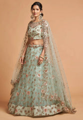 Pista Green Dori Thread Embroidered Net Wedding Lehenga Choli